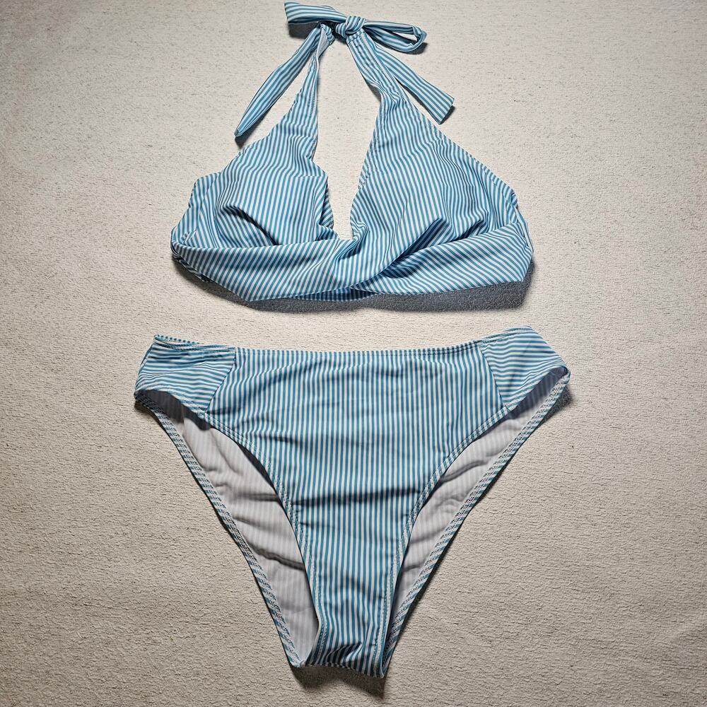 Shein XL Blue White Stripe Bikini Halter Swimwear Beach Vacation Pool Nautical - Picture 2 of 10